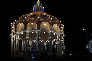 luci, archi, notte, luminarie, cupola, nero, notturno, gazebo, colonne, lampade, lampadine, blu, buio, marrone
