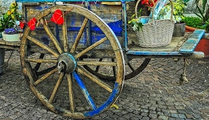 ruota, carretto, cuori, rosso, raggi, cesto, carro, fiori, legno, blu, ruote, cestino, sampietrini