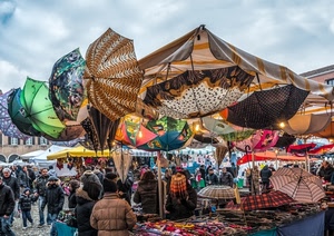 ombrelli, mercato, persone, colori, nuvole, bancarella, cielo, multicolore