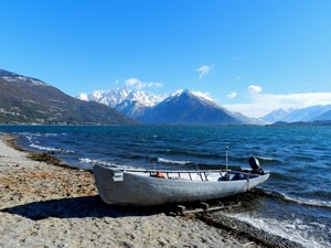 barca, spiaggia, montagne, lago, mare, acqua, neve, onde, sabbia, montagna, nuvole, azzurro, cielo