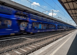 treno, stazione, binari, blu, ferrovia, rotaie, binario, fili, velocità