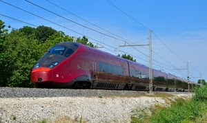 treno, rosso, ferrovia, binari, fili, italo, pali, alberi, tralicci, velocità