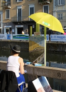 ombrello, quadro, giallo, pittore, cappello, canale, pittrice, cartelloni, naviglio, artista