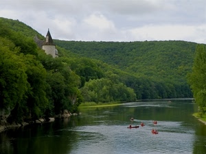 fiume, alberi, canoe, verde, acqua, castello, torre, bosco