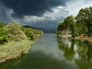 fiume, alberi, nuvole, verde, acqua, cielo, riflessi, riflesso