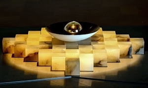 cubi, nero, sfera, luce, ciotola, vetro, giallo, riflesso, geometrico, tavolo, marmo, quadrati