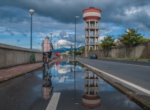 strada, alberi, nuvole, lampioni, riflessi, ciclista, cielo, riflesso, bicicletta, acquedotto, pozzanghera, biciclette, cisterna, auto, torre, acqua, serbatoio, pedoni, strisce