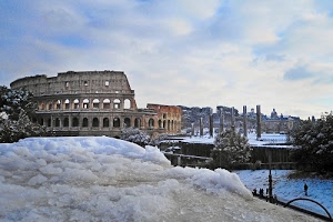 neve, colosseo, roma, nuvole, cielo, colonne, archi, bianco, inverno, antichità, monumento, alberi, ruderi, rudere, archeologia, persone