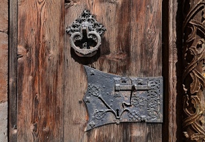 legno, serratura, porta, ferro, batacchio, portone, battente, metallo, buco, venature, marrone