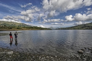 nuvole, lago, acqua, pescatori, montagna, cielo, monti, due