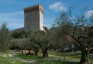 torre, castello, merli, alberi, cielo, ulivi, nuvole, prato, panchine, verde, rami, parco, natura