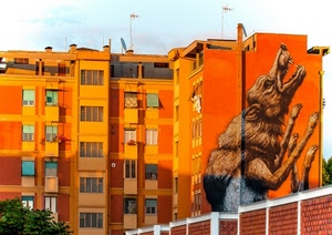 murales, finestre, palazzi, arancione, topo, antenne, palazzo, cielo, case, muro, lupo, animale