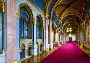 archi, corridoio, finestre, rosso, lampadari, tappeto, oro, dorato, vetrate, soffitto, porta, azzurro, corsia, colonne, guida, galleria, vetri, volte, arcate