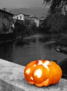 fiume, zucca, case, arancione, halloween, acqua, paese, alberi