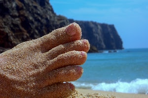 piede, sabbia, mare, dita, spiaggia, costa, onda, unghie, scogliera, acqua, granelli, azzurro, cielo, promontorio, scogli, onde