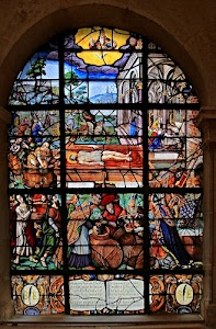 vetrata, vetro, chiesa, colori, arco, quadrati, giallo, cristo, gesù, persone, alberi, rosso, dio, azzurro, religione, immagini