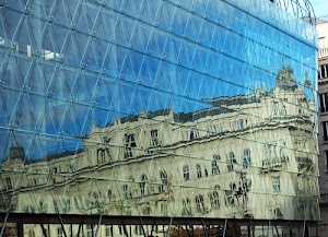 riflesso, vetro, palazzo, finestre, vetrata, vetrate, azzurro, cielo, triangoli, palazzi, riflessi, struttura, lastre, architettura, vetri, balconi