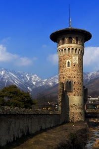 torre, montagne, montagna, muro, finestre, nuvole, antenna, paesaggio, cielo, neve, alberi