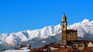 campanile, neve, tetti, montagne, montagna, chiesa, panorama, cielo, inverno, comignoli