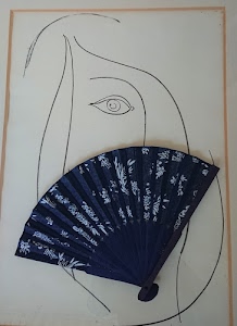 occhio, ventaglio, disegno, cornice, blu, nero, bianco, quadro, donna, linee, viso, volto, profilo
