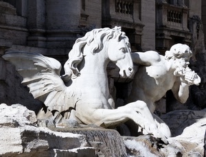 cavallo, fontana, acqua, ali, criniera, statua, marmo, monumento, bianco, alato, roma, statue, tritone, uomo, strumento, conchiglia, scultura, bianconero