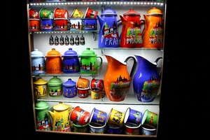 tazze, colori, multicolore, brocche, vetrina, barattoli, praga, caraffe