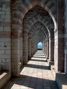 archi, prospettiva, portico, ombra, portici, luce, ombre, pietre, rosa, mattoni