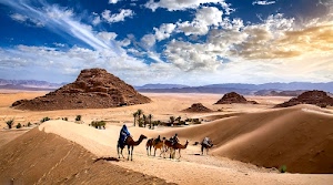 sabbia, nuvole, dune, deserto, cammelli, oasi, cielo, palme, montagne, azzurro, bianco, cammellieri, animali, rocce, panorama, dromedari