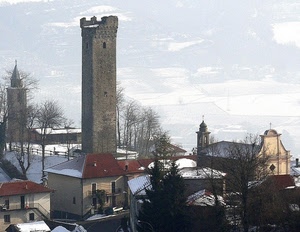 torre, neve, chiesa, alberi, inverno, campanile, tetti, case, borgo, paesaggio, campanili, nuvole, cielo, paese, veduta