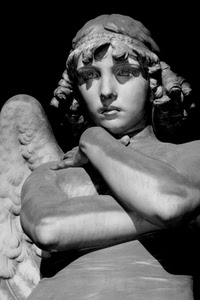angelo, statua, bianconero, braccia, ali, ala, volto, scultura