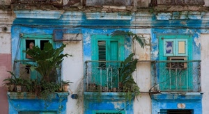 balconi, piante, azzurro, tre, finestre, porte, ringhiere, verde, blu