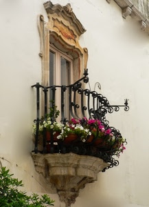 balcone, fiori, ringhiera, ferro, finestra, vasi