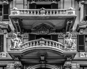 statue, balconi, bianconero, finestre, liberty, balcone, parapetti