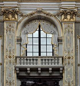 balcone, finestra, oro, tenda, colonne, tende, bianco