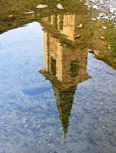 campanile, riflesso, acqua, sassi, punta, pietre, pozzanghera, guglia