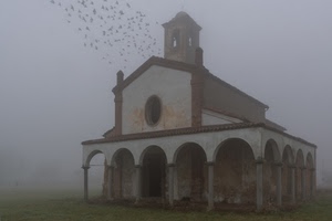 chiesa, nebbia, colonne, campanile, archi, uccelli, cielo, portico, stormo, foschia