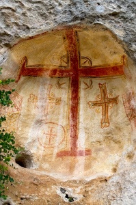 croci, croce, nicchia, roccia, pietra, rosso, tomba, grotta, affresco