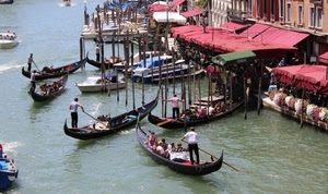venezia, gondole, canale, acqua, gondolieri, tende, barche, persone, rosso