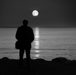 luna, mare, controluce, riflesso, bianconero, uomo, sagoma
