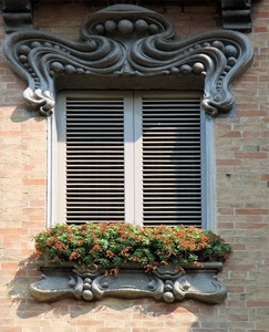 finestra, persiane, mattoni, fiori, fregio, liberty, piante, davanzale, architettura, pianta