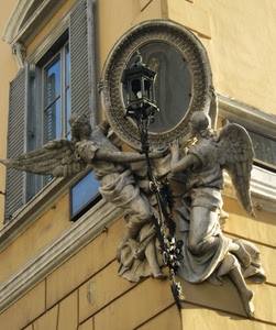 angeli, lampione, finestra, ali, statue, edicola, palazzo, sculture, due