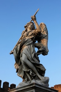 angelo, ali, statua, lancia, azzurro, cielo, scultura, merli, piedistallo, ala, marmo, gambe