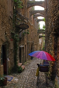 vicolo, ombrello, archi, insegna, carrozzina, passeggino, colori, scorcio