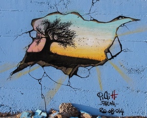 albero, murales, azzurro, muro, murale, data, disegno, firma