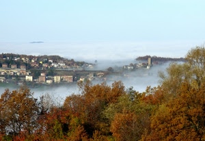 nebbia, alberi, panorama, case, paese, cielo, autunno, borgo, foschia
