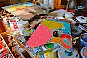 colori, pennelli, barattoli, tavolozza, pittura, giallo, rosa, multicolore, tavolozze