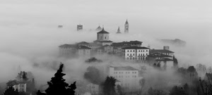 nebbia, case, alberi, bianconero, borgo, nuvole, panorama, campanile, paese, città