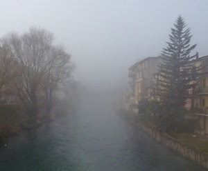 alberi, nebbia, case, fiume, acqua, erba, verde, finestre, foschia, canale, piante, cielo, pino, inverno, rive, palazzi