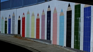 matite, colori, muro, strada, piastrelle, mattonelle, murales, ringhiera, rosso