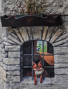 volpe, finestra, murales, grata, muro, animale, inferriata, animali, pianta, pecora, disegno, legno, arco, murale